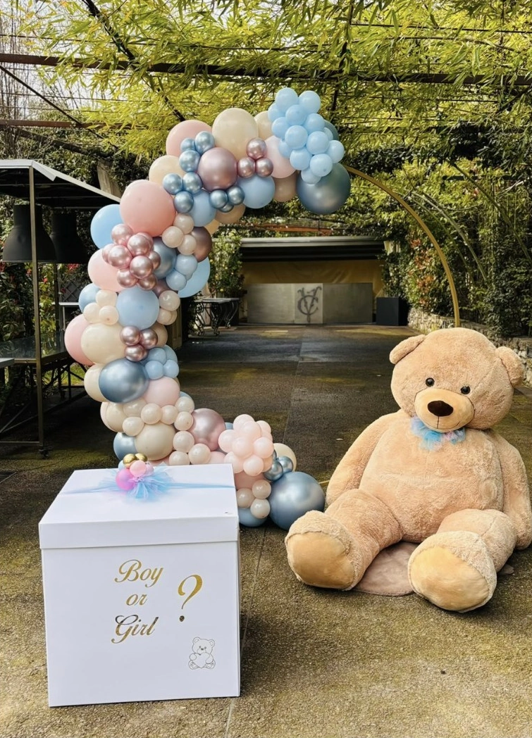 Arco rosa e azzurro con orso e scatola gender reveal